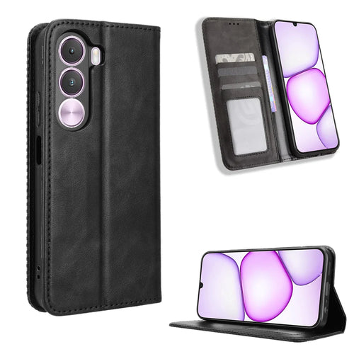 For Realme C100i 4G / Realme C100x 4G Leather Case Wallet Stand Retro Texture Phone Cover - Black - 1