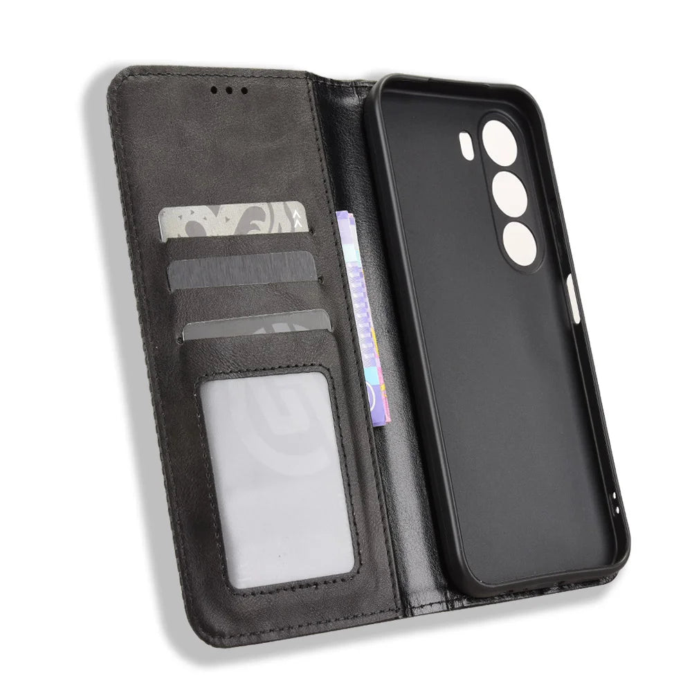 For Realme C100i 4G / Realme C100x 4G Leather Case Wallet Stand Retro Texture Phone Cover - Black - 4