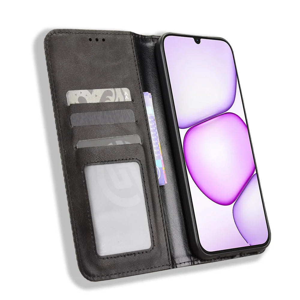 For Realme C100i 4G / Realme C100x 4G Leather Case Wallet Stand Retro Texture Phone Cover - Black - 5