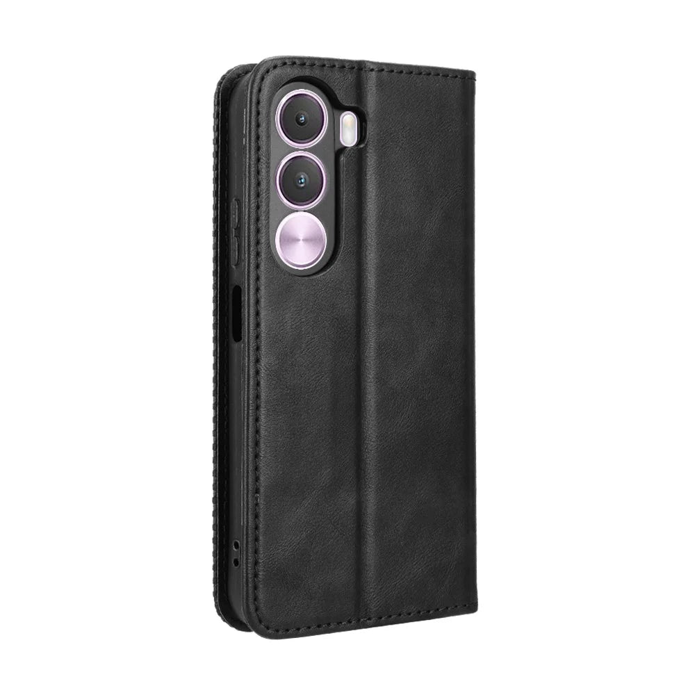 For Realme C100i 4G / Realme C100x 4G Leather Case Wallet Stand Retro Texture Phone Cover - Black - 7
