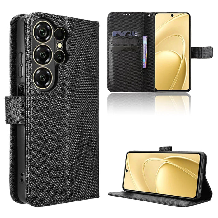For Oukitel C26 Leather Wallet Case with Strap Diamond Texture Phone Cover - Black - 1