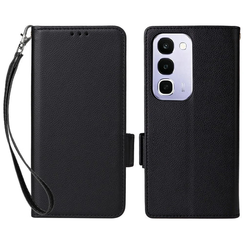 Case for Realme C100 4G / C100i 4G / C100x 4G Litchi Texture Wallet Leather Phone Cover with Wrist Strap - Black - 1