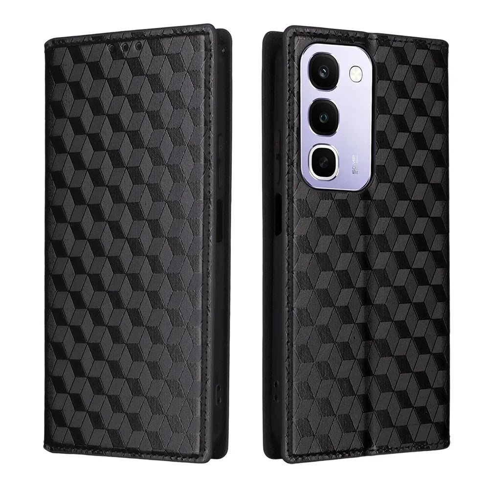 Case for Realme C100 4G / C100i 4G / C100x 4G Wallet Rhombus Imprinted PU Leather Phone Cover - Black - 1