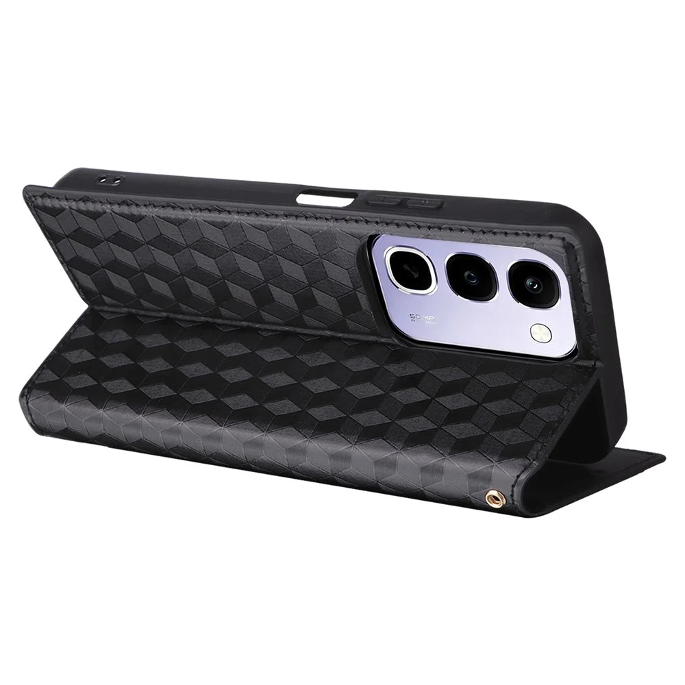 Case for Realme C100 4G / C100i 4G / C100x 4G Wallet Rhombus Imprinted PU Leather Phone Cover - Black - 4