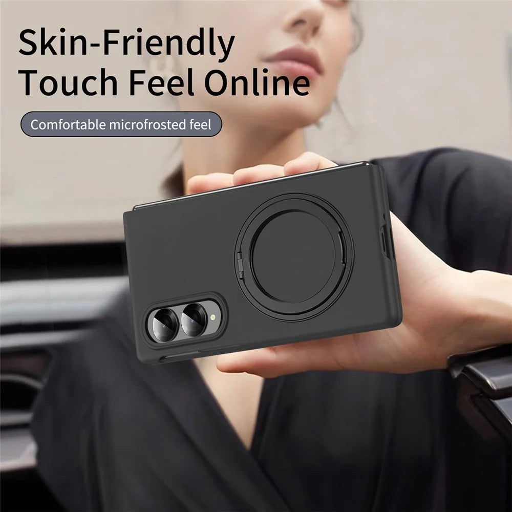 For Samsung Galaxy Z Fold8 Magnetic Case Ring Kickstand Hard PC Cover with Tempered Glass Screen Film - Black - 3