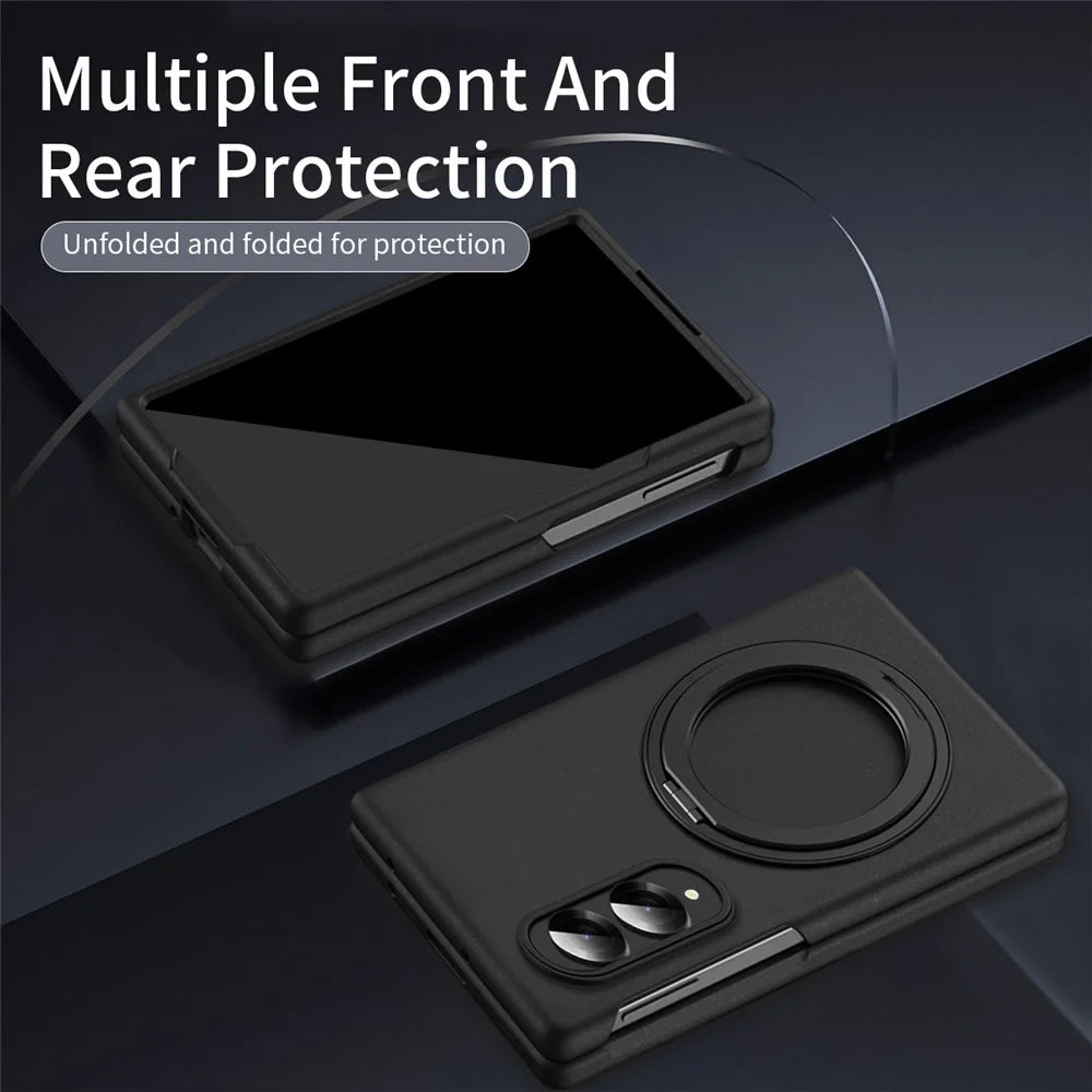 For Samsung Galaxy Z Fold8 Magnetic Case Ring Kickstand Hard PC Cover with Tempered Glass Screen Film - Black - 5