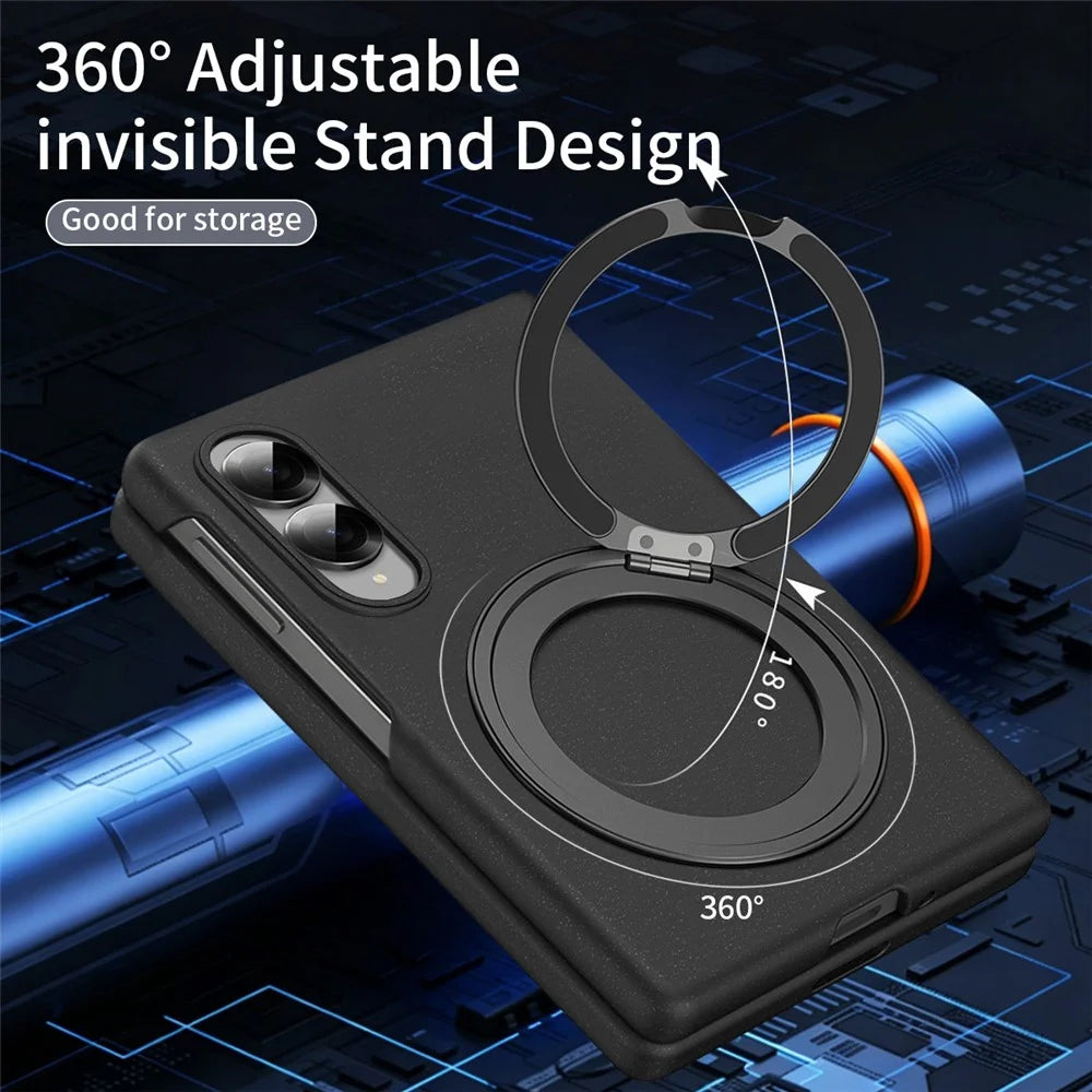 For Samsung Galaxy Z Fold8 Magnetic Case Ring Kickstand Hard PC Cover with Tempered Glass Screen Film - Black - 6