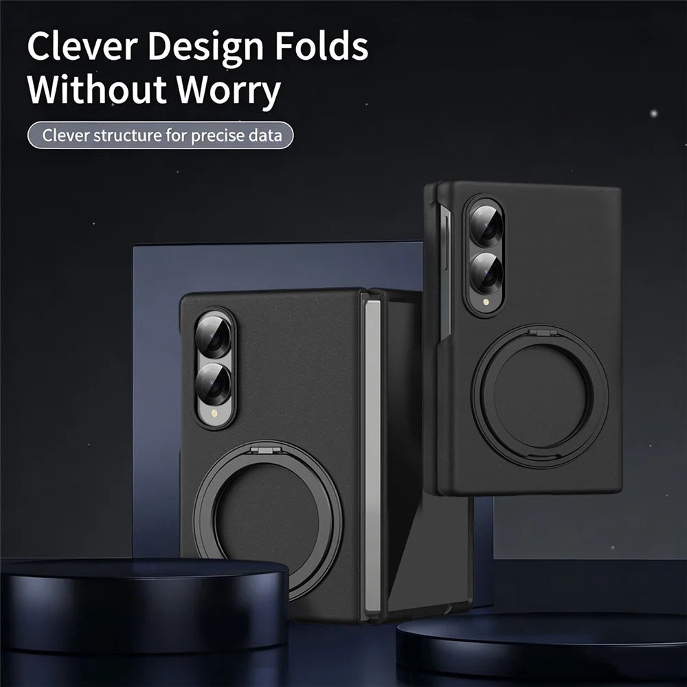For Samsung Galaxy Z Fold8 Magnetic Case Ring Kickstand Hard PC Cover with Tempered Glass Screen Film - Black - 7