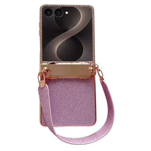For Samsung Galaxy Z Flip8 Case Glitter PC Phone Cover with Tempered Glass Film / Wrist Strap - Rose - 1