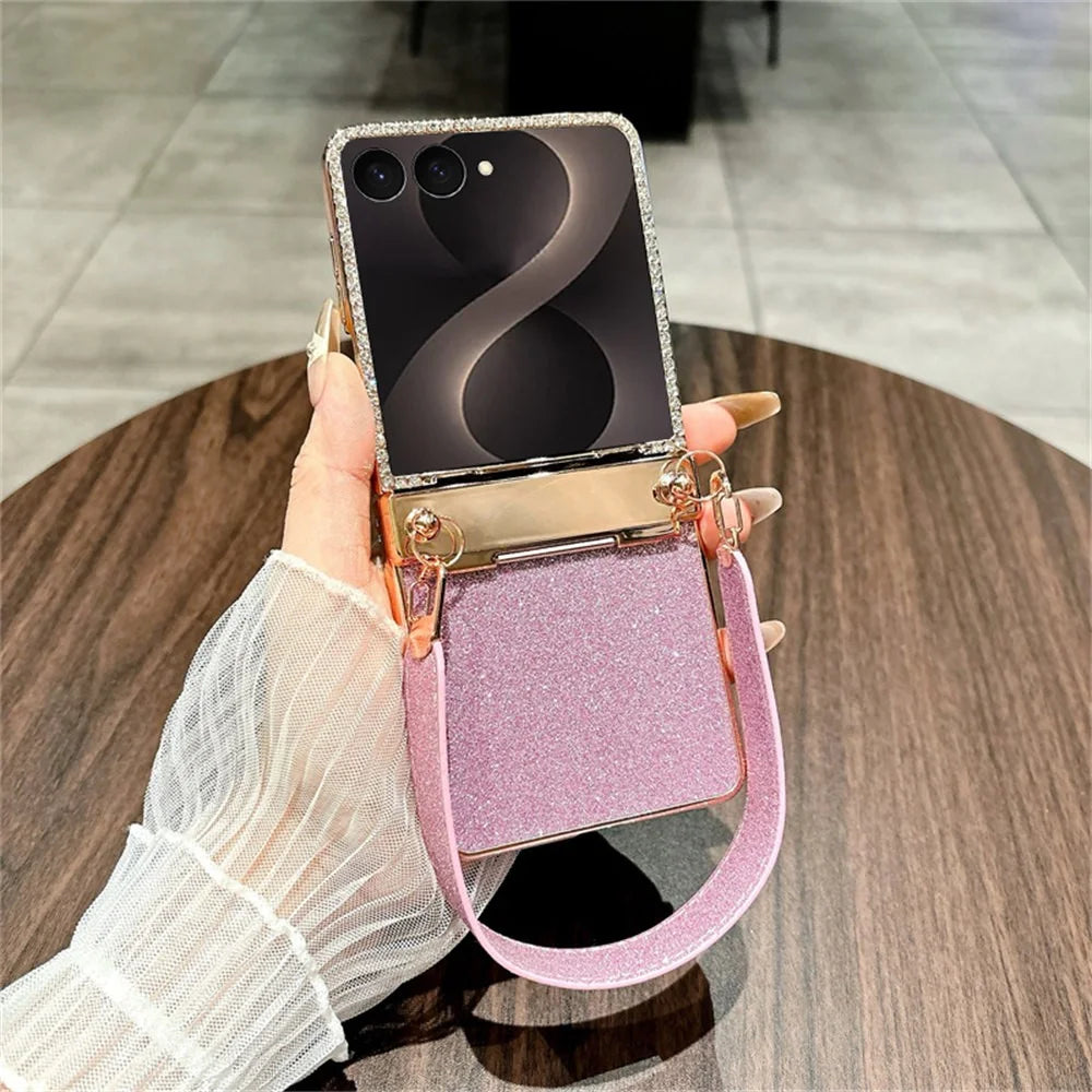For Samsung Galaxy Z Flip8 Case Glitter PC Phone Cover with Tempered Glass Film / Wrist Strap - Rose - 2