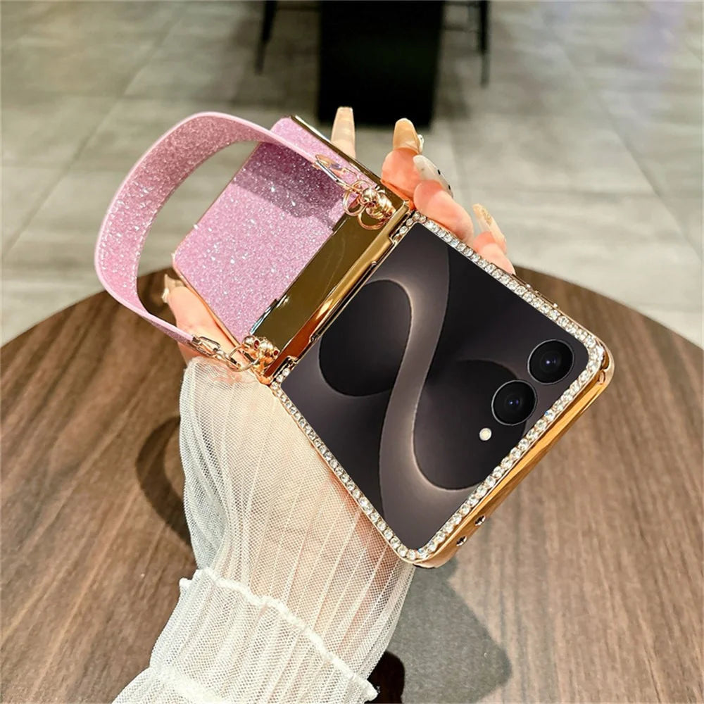 For Samsung Galaxy Z Flip8 Case Glitter PC Phone Cover with Tempered Glass Film / Wrist Strap - Rose - 3