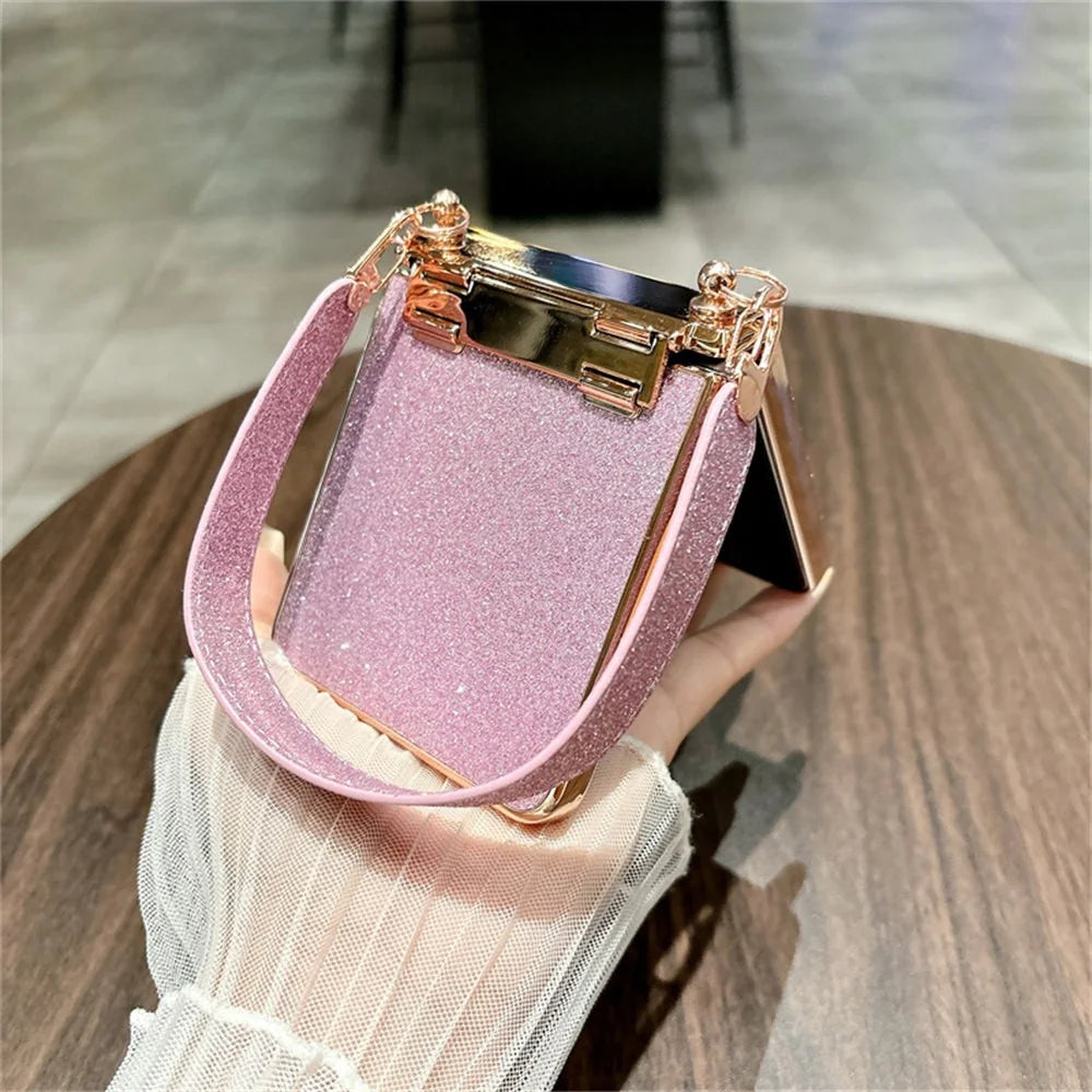 For Samsung Galaxy Z Flip8 Case Glitter PC Phone Cover with Tempered Glass Film / Wrist Strap - Rose - 4