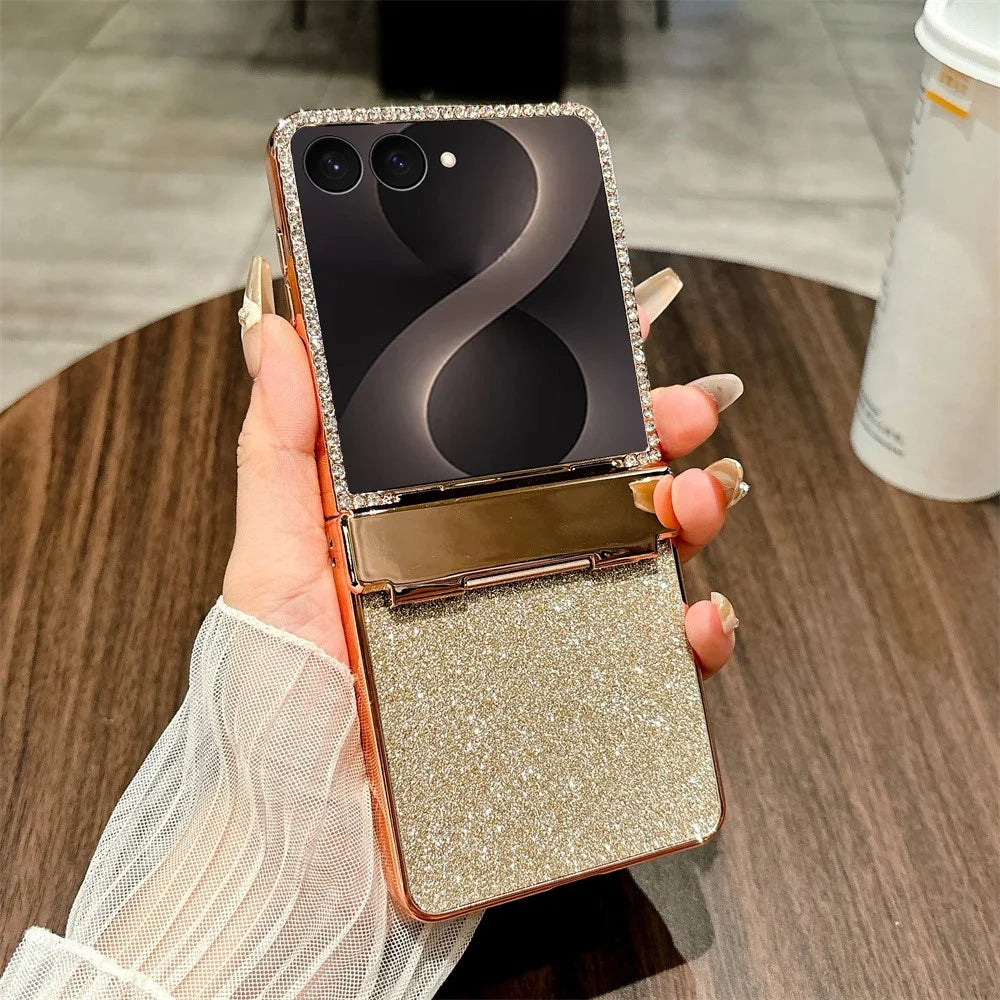 For Samsung Galaxy Z Flip8 Case Hinge Protection Rhinestone Glitter PC Phone Cover - Gold - 2