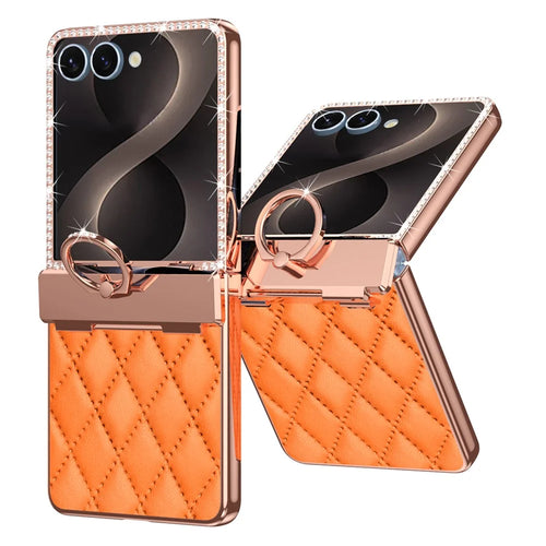 For Samsung Galaxy Z Flip8 Case Rhinestone Decor Leather + PC Rhombus Phone Cover with Tempered Glass Film - Orange - 1