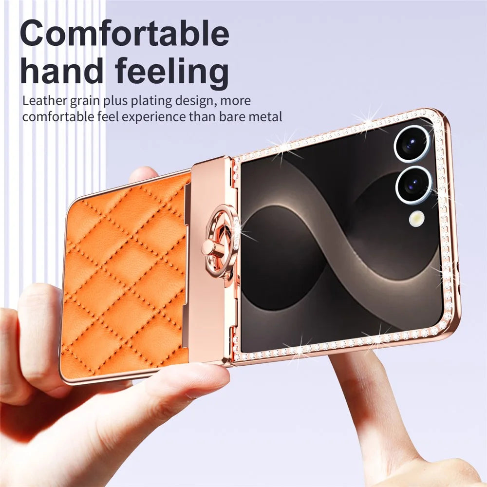 For Samsung Galaxy Z Flip8 Case Rhinestone Decor Leather + PC Rhombus Phone Cover with Tempered Glass Film - Orange - 2