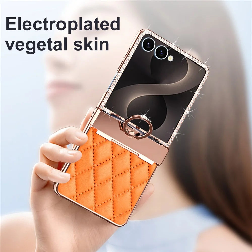 For Samsung Galaxy Z Flip8 Case Rhinestone Decor Leather + PC Rhombus Phone Cover with Tempered Glass Film - Orange - 3