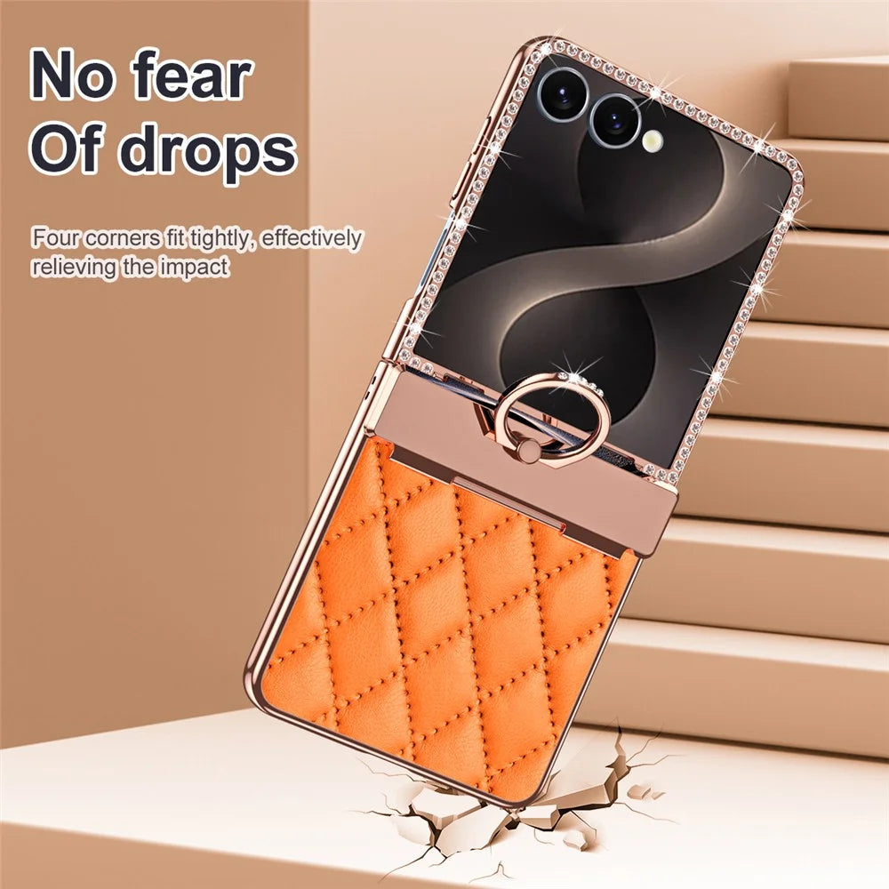 For Samsung Galaxy Z Flip8 Case Rhinestone Decor Leather + PC Rhombus Phone Cover with Tempered Glass Film - Orange - 4