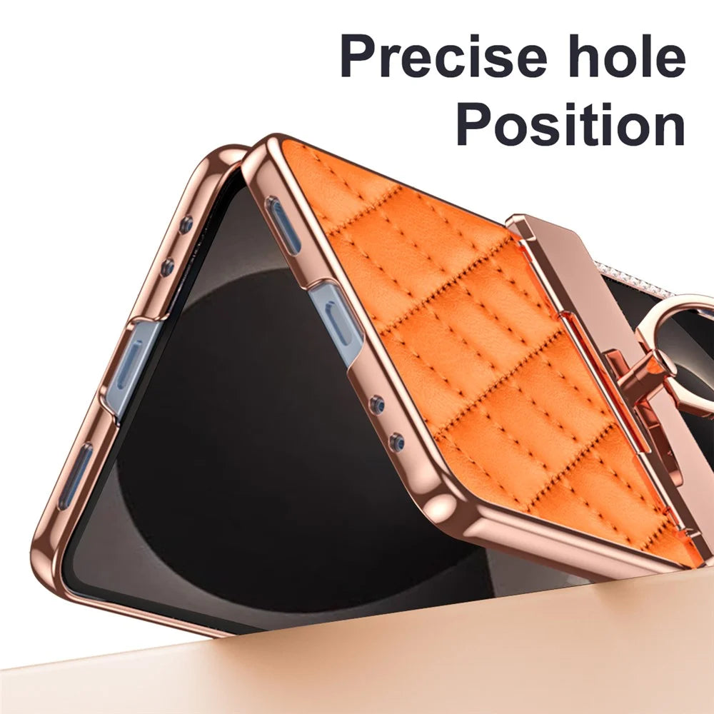 For Samsung Galaxy Z Flip8 Case Rhinestone Decor Leather + PC Rhombus Phone Cover with Tempered Glass Film - Orange - 5