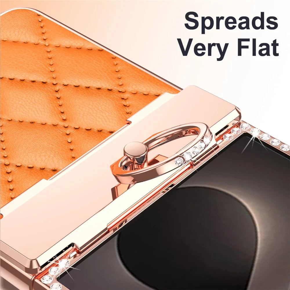 For Samsung Galaxy Z Flip8 Case Rhinestone Decor Leather + PC Rhombus Phone Cover with Tempered Glass Film - Orange - 6