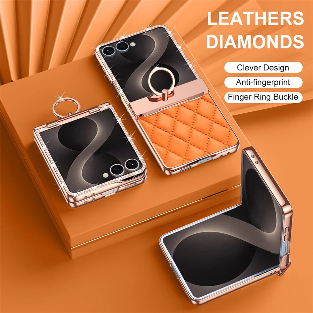 For Samsung Galaxy Z Flip8 Case Rhinestone Decor Leather + PC Rhombus Phone Cover with Tempered Glass Film - Orange - 7