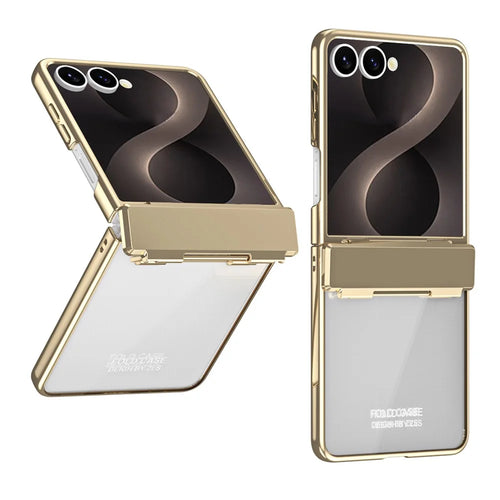 For Samsung Galaxy Z Flip8 Case Electroplating PC Folding Phone Cover with Screen Protector - Champagne Gold - 1