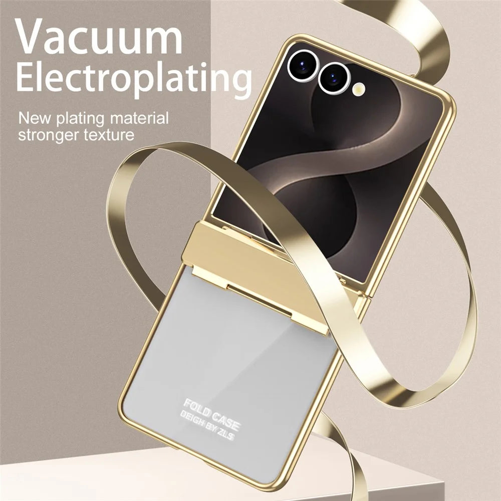 For Samsung Galaxy Z Flip8 Case Electroplating PC Folding Phone Cover with Screen Protector - Champagne Gold - 6