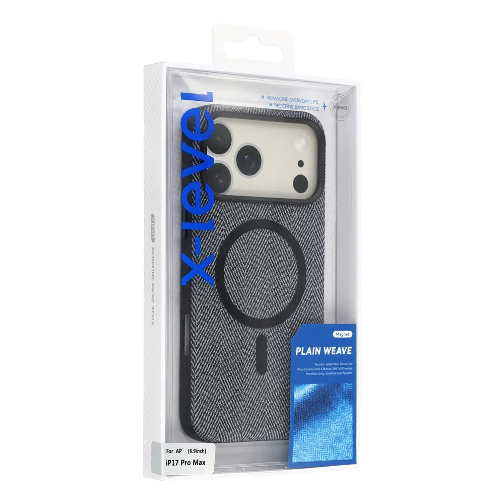 X-LEVEL For iPhone 17 Pro Magnetic Case Herringbone Pattern Leather + PC + TPU Phone Cover - Black - 7