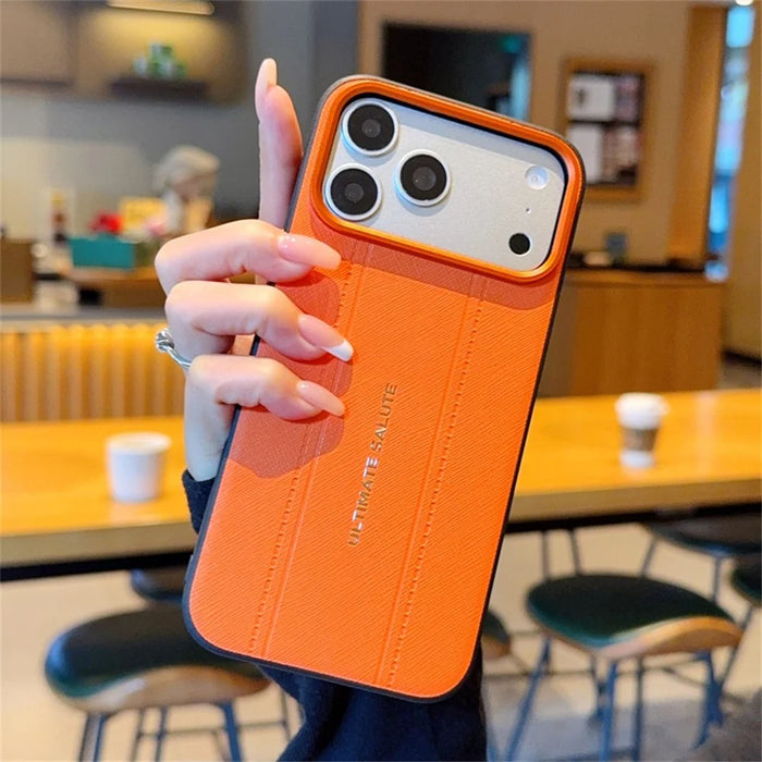 For iPhone 17 Pro Max Case Leather Texture PC + TPU Anti-slip Phone Protective Cover - Orange - 3