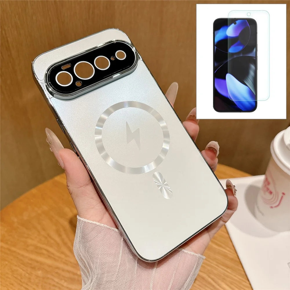 For Google Pixel 11 Pro XL Magnetic Case Electroplated Matte PC TPU Phone Cover with Tempered Glass Film - White - 1