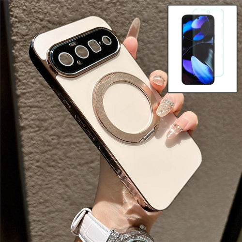 For Google Pixel 11 Magnetic Case Rotatable Kickstand TPU PC Matte Phone Cover with Tempered Glass Film - Desert Gold - 1