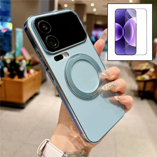 For Xiaomi 17 Pro Magnetic Case Rotatable Kickstand TPU PC Matte Phone Cover with Tempered Glass Film - Baby Blue - 1