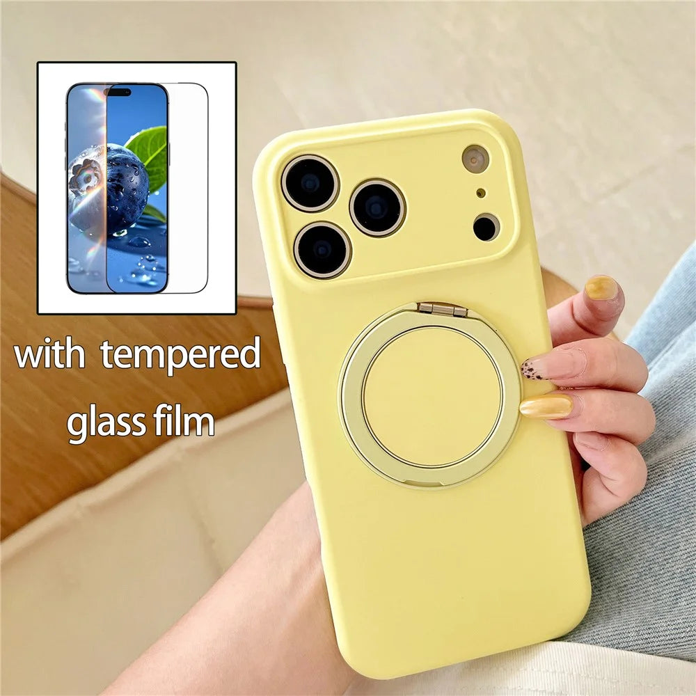 For iPhone 17 Pro Magnetic Case Rotatable Kickstand Liquid Silicone Phone Cover with Tempered Glass Screen Protector - Cream Yellow - 2
