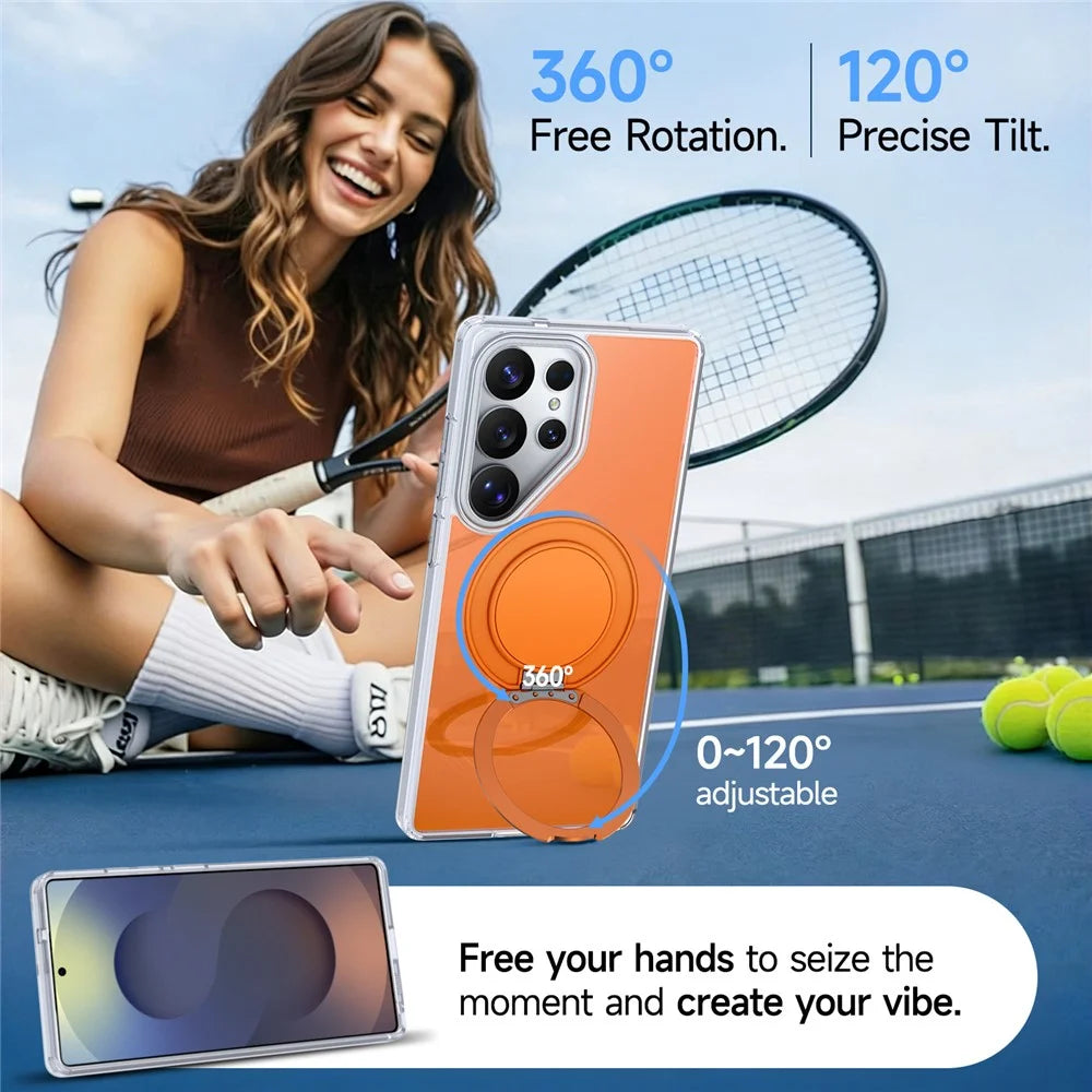 For Samsung Galaxy S26 Ultra Case Rotating Ring Holder Kickstand TPU + Acrylic Shockproof Phone Cover - Orange - 6