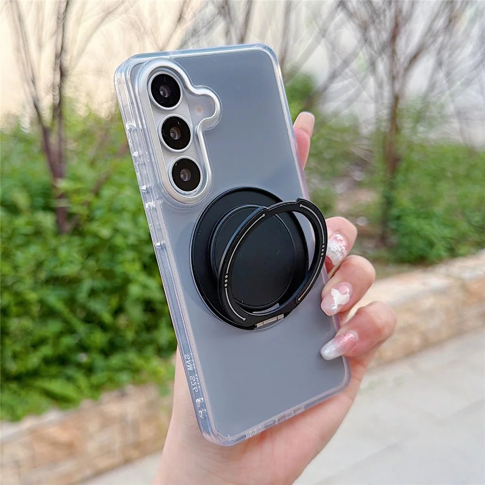 For Samsung Galaxy S26+ Case Rotating Ring Holder Kickstand TPU + Acrylic Shockproof Phone Cover - Grey - 1