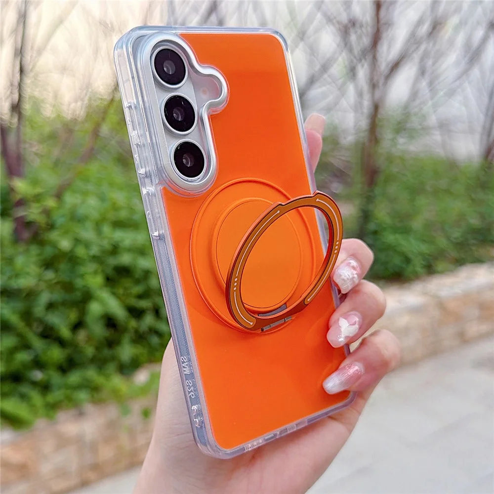 For Samsung Galaxy S26 Case Rotating Ring Holder Kickstand TPU + Acrylic Shockproof Phone Cover - Orange - 1
