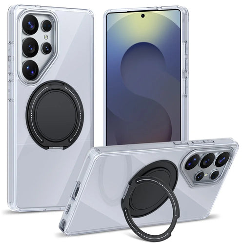 For Samsung Galaxy S25 Ultra Case Rotating Ring Holder Kickstand TPU + Acrylic Shockproof Phone Cover - White - 1