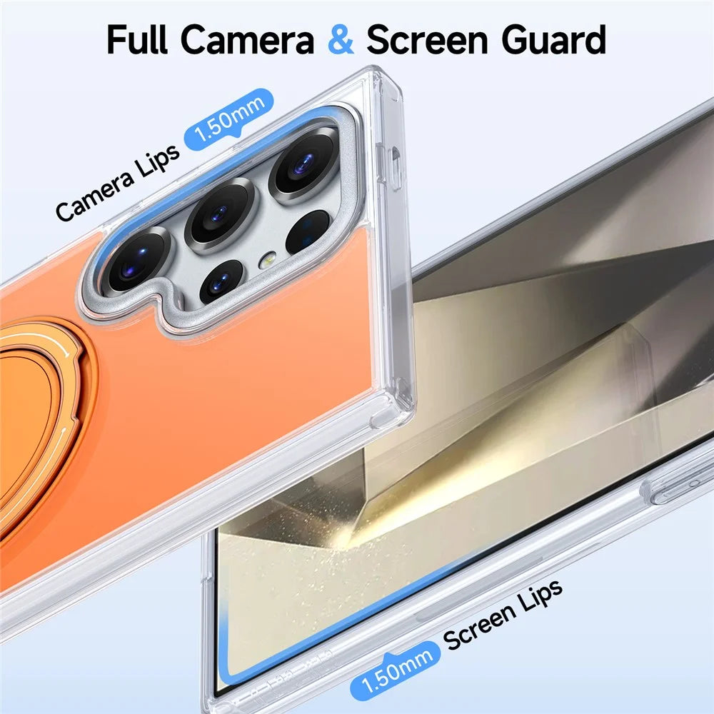 For Samsung Galaxy S24 Ultra Case Rotating Ring Holder Kickstand TPU + Acrylic Shockproof Phone Cover - Orange - 4