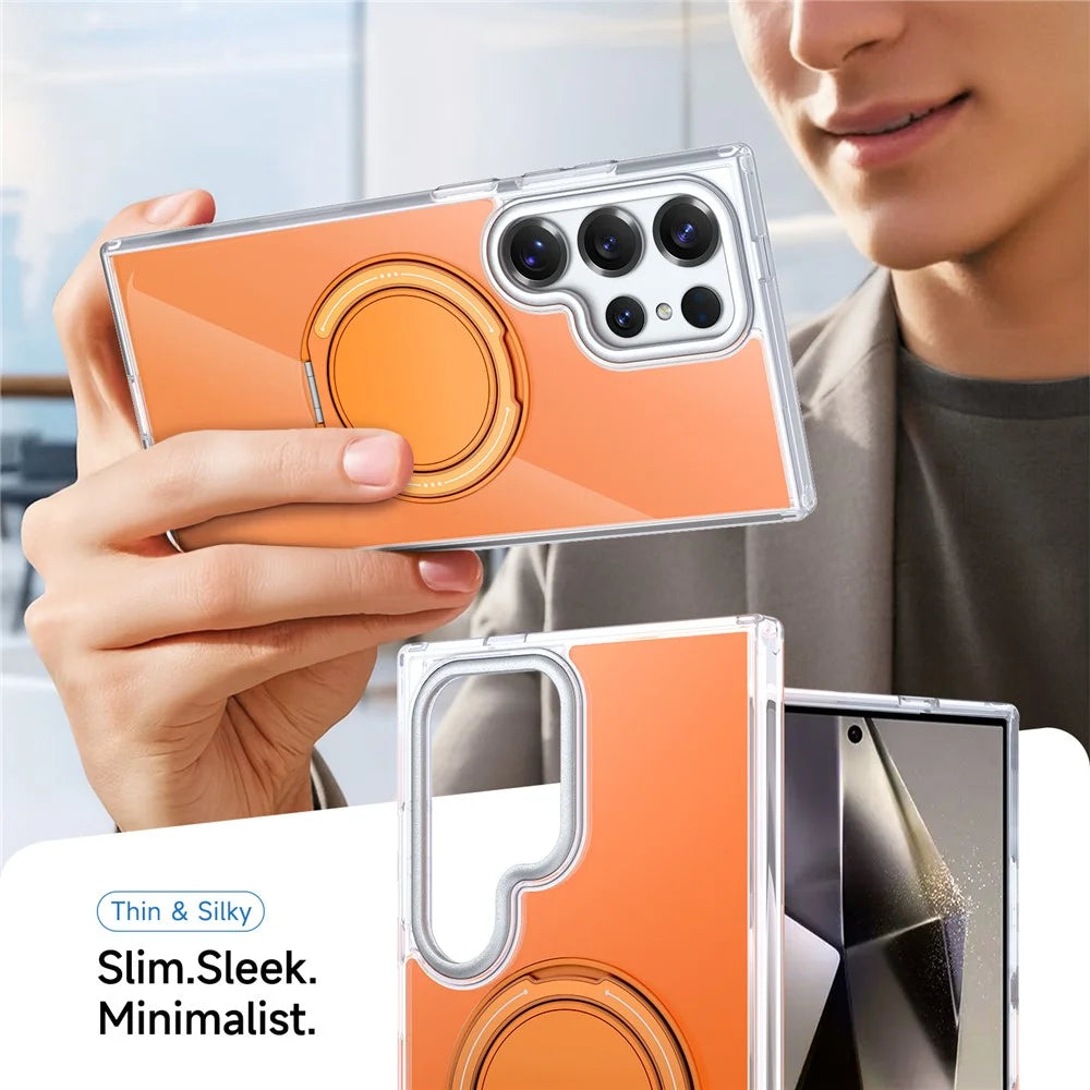 For Samsung Galaxy S24 Ultra Case Rotating Ring Holder Kickstand TPU + Acrylic Shockproof Phone Cover - Orange - 5