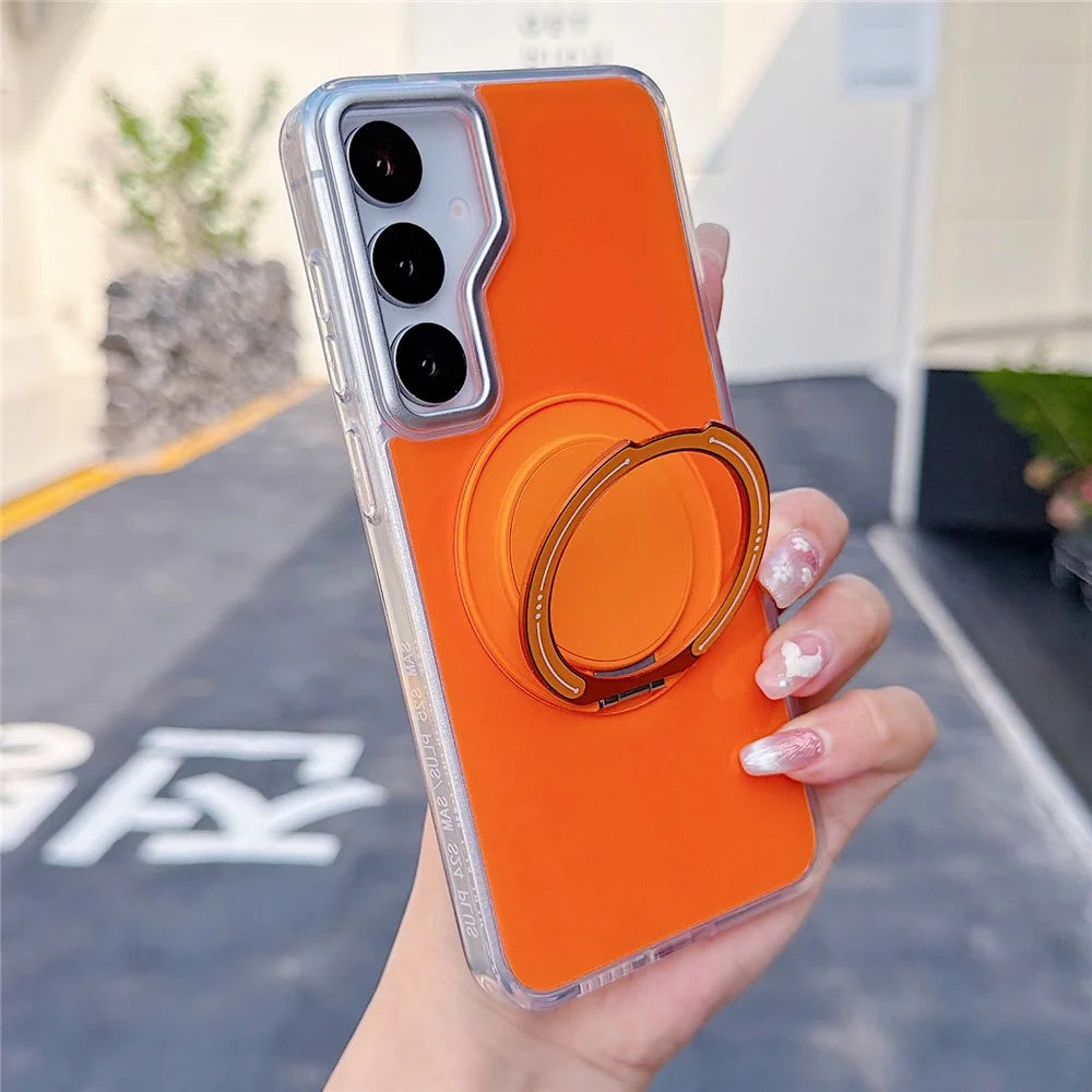 For Samsung Galaxy S25+ / S24+ Case Rotating Ring Holder Kickstand TPU + Acrylic Shockproof Phone Cover - Orange - 1