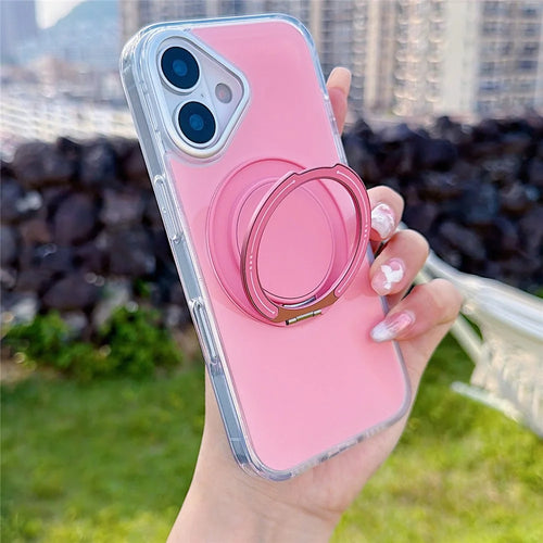 For iPhone 17 Case Rotating Ring Holder Kickstand TPU + Acrylic Shockproof Phone Cover - Pink - 1