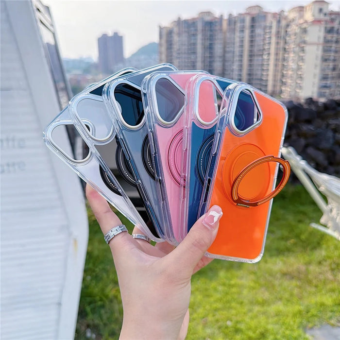 For iPhone 17 Case Rotating Ring Holder Kickstand TPU + Acrylic Shockproof Phone Cover - Pink - 6