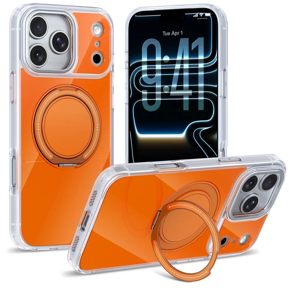 For iPhone 17 Pro Max Case Rotating Ring Holder Kickstand TPU + Acrylic Shockproof Phone Cover - Orange - 1