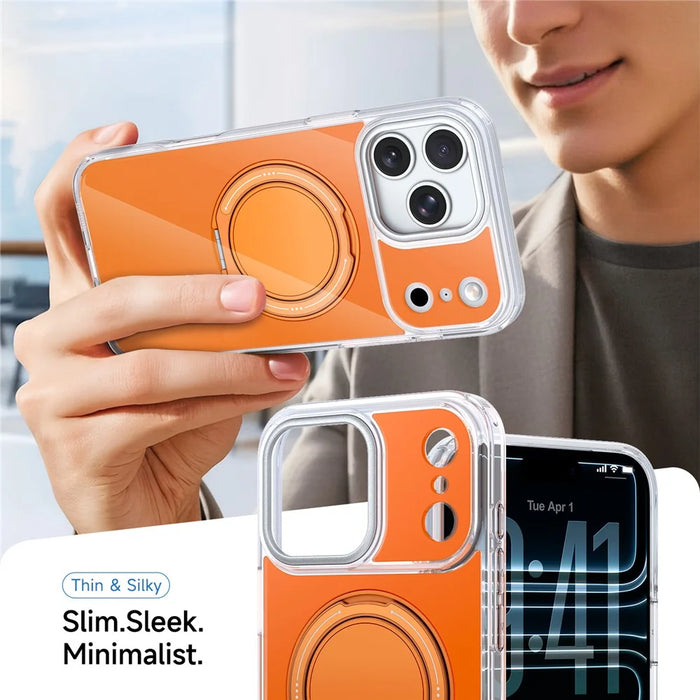 For iPhone 17 Pro Max Case Rotating Ring Holder Kickstand TPU + Acrylic Shockproof Phone Cover - Orange - 5