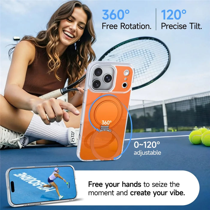 For iPhone 17 Pro Max Case Rotating Ring Holder Kickstand TPU + Acrylic Shockproof Phone Cover - Orange - 6