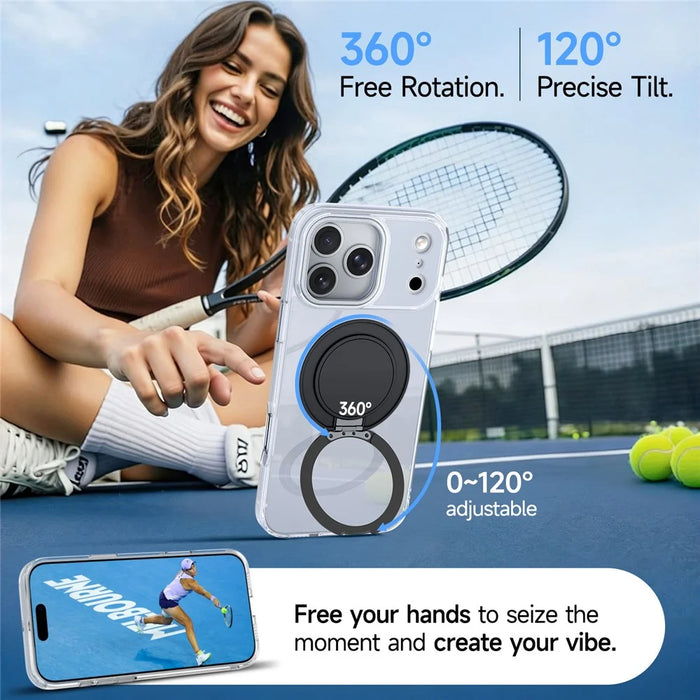 For iPhone 17 Pro Case Rotating Ring Holder Kickstand TPU + Acrylic Shockproof Phone Cover - White - 6