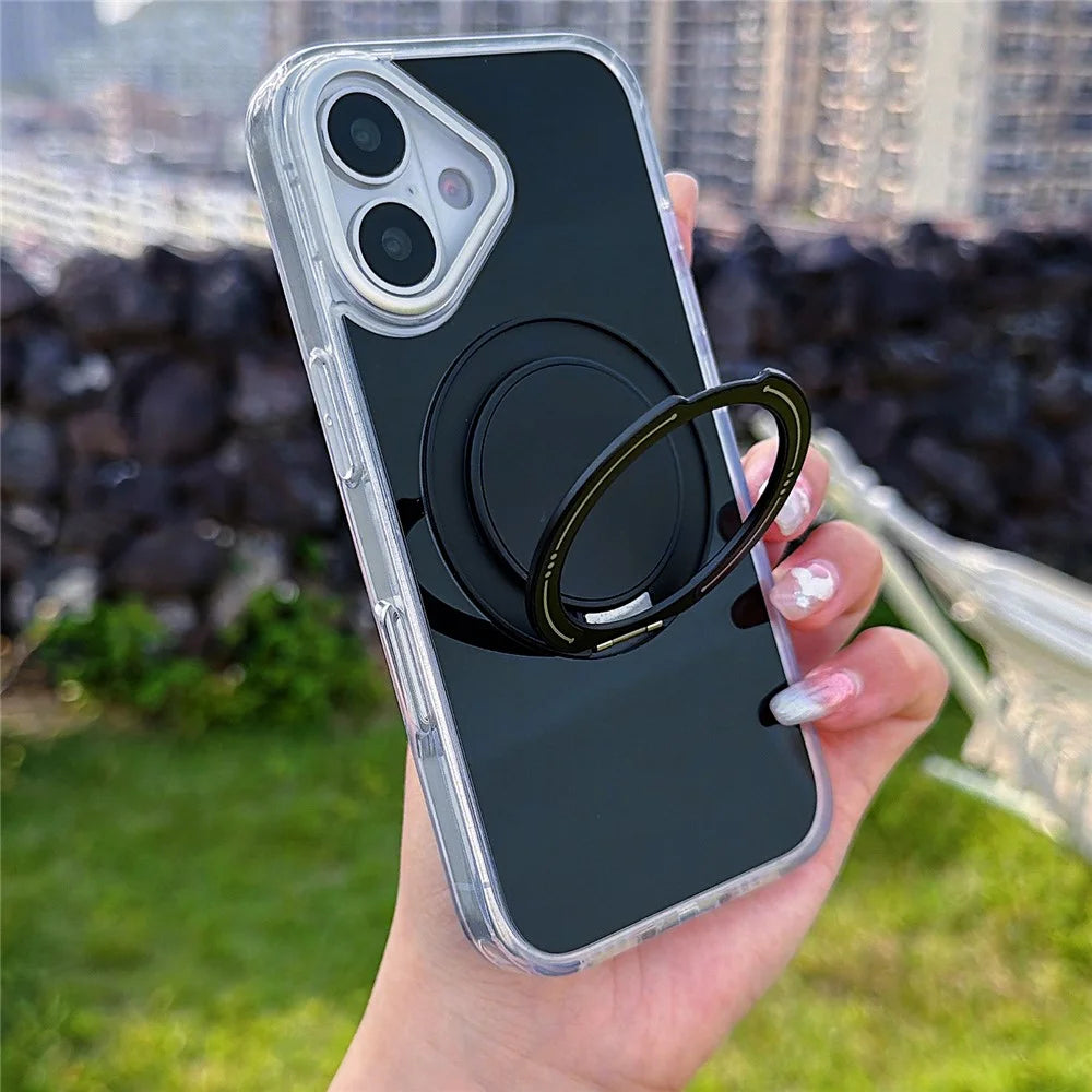 For iPhone 16 Case Rotating Ring Holder Kickstand TPU + Acrylic Shockproof Phone Cover - Black - 1