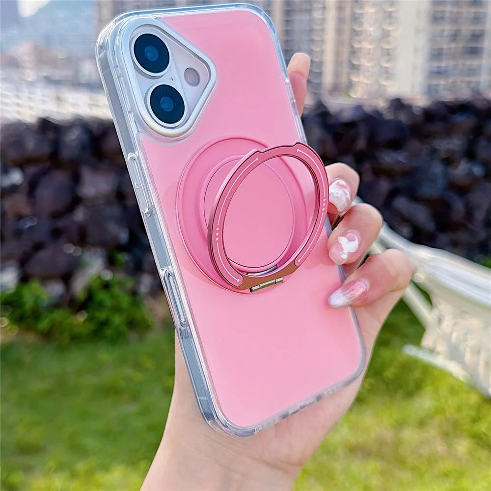 For iPhone 16 Plus Case Rotating Ring Holder Kickstand TPU + Acrylic Shockproof Phone Cover - Pink - 1