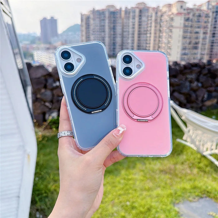 For iPhone 16 Plus Case Rotating Ring Holder Kickstand TPU + Acrylic Shockproof Phone Cover - Pink - 2