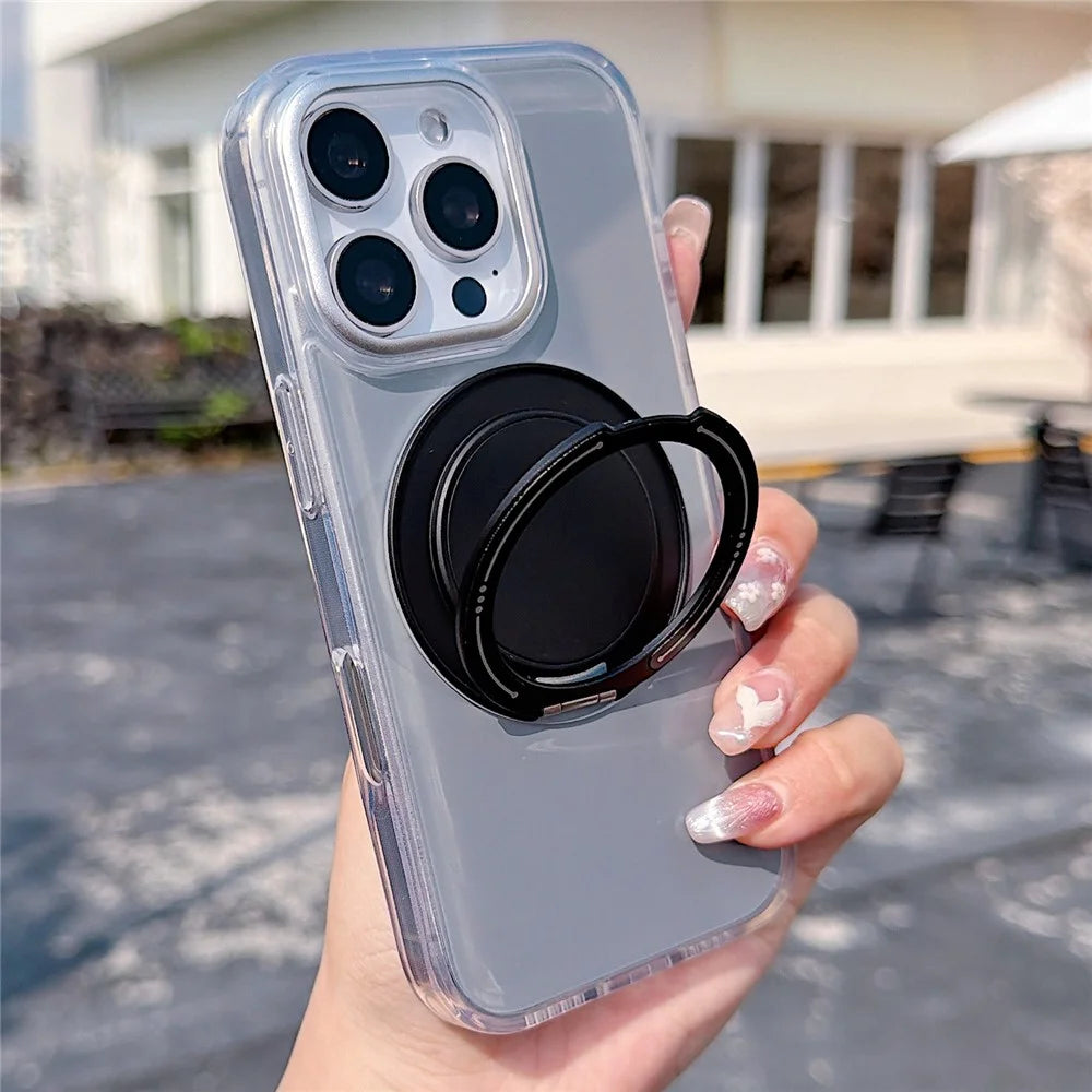 For iPhone 16 Pro Max Case Rotating Ring Holder Kickstand TPU + Acrylic Shockproof Phone Cover - Grey - 1
