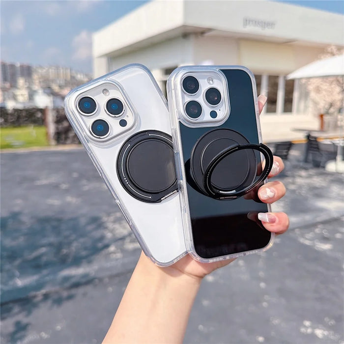 For iPhone 16 Pro Max Case Rotating Ring Holder Kickstand TPU + Acrylic Shockproof Phone Cover - Grey - 5